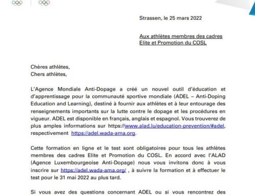 ADEL désormais obligatoire pour tous les athlètes membres des cadres Elite et Promotion du COSL
